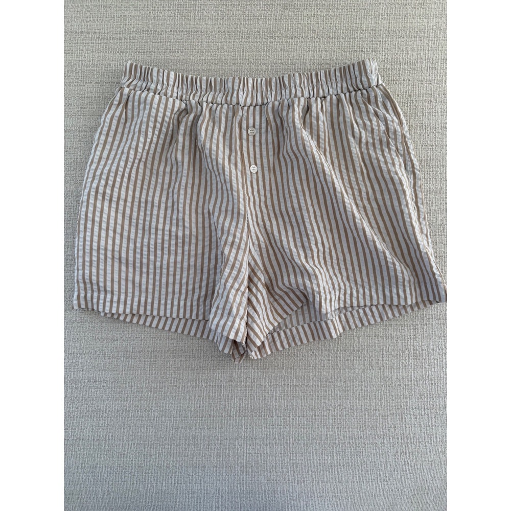 NWOT Sincerely Jules Women's Sleep PJ Shorts Large Tan White Stripes Seersucker